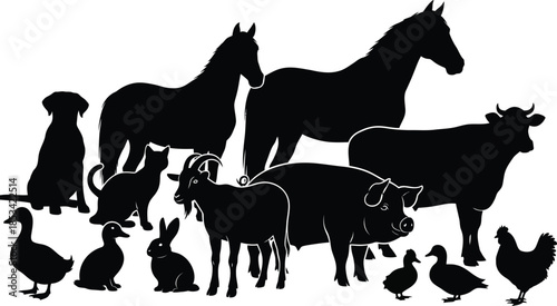 a captivating silhouette illustration depicts a diverse collection of farm animals including horses cows goats and smaller creatures high quality professional