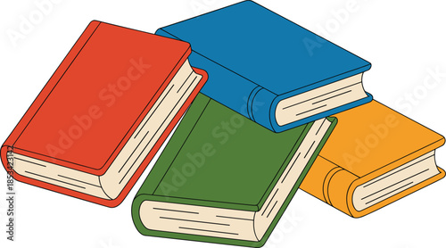 Four colorful books red blue green orange fanned out on white background reading education