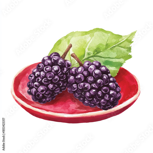 Two Ripe Black Mulberries on a Red Plate with a Green Leaf.