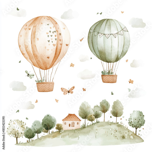 Two whimsical watercolor hot air balloons floating in the air.