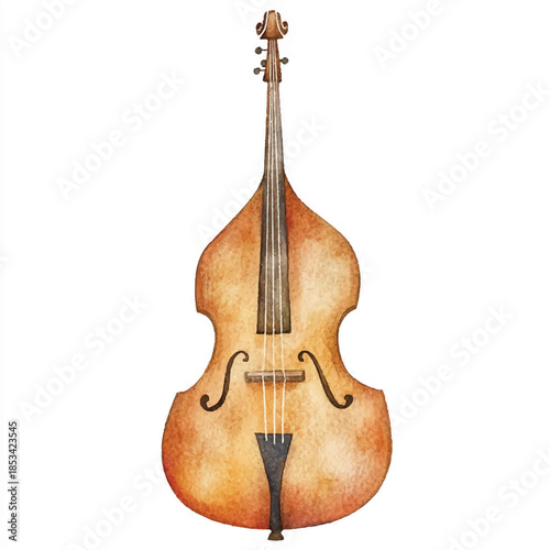 Upright bass instrument with wooden body and strings isolated on white background.