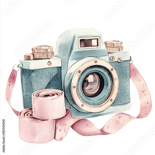 Vintage camera with film rolls pastel colors retro style.