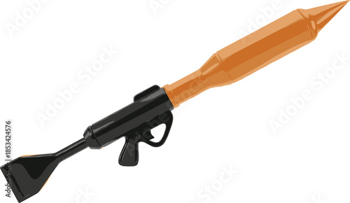 Orange and black cartoon rocket launcher weapon on white background Keywords: rocket launcher, weapon, cartoon, toy, game, orange