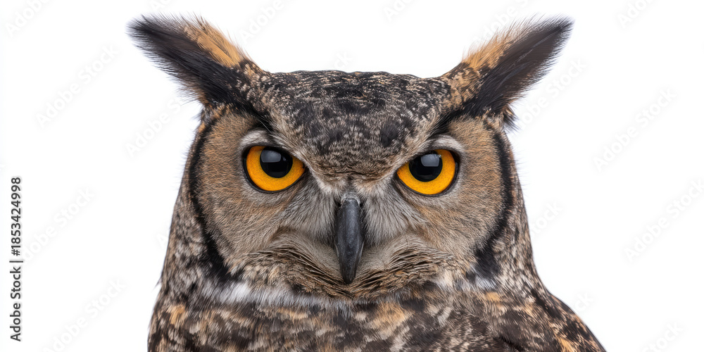 Obraz premium Wise nature beak owl portrait bird animal wildlife symbolism culture amerindian totem heritage tribal feathered head eye watching alert peaceful isolated studio shot white background art design