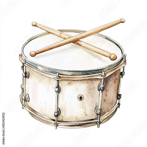 Vintage snare drum with crossed wooden drumsticks illustration.