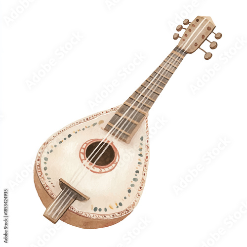 Vintage stringed instrument a pearshaped acoustic guitar detailed view isolated background.