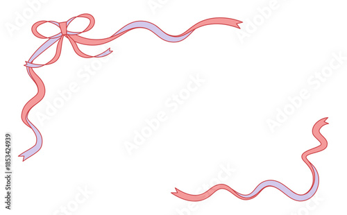 ピンクのかわいい手描きリボンの飾り枠 ウェディングやベビーのカード用ベクターコーナーフレーム素材