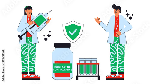 Flat vector illustration depicting research and formulation of long-acting injectable contraceptive solutions