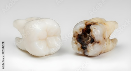 Visual contrast between a pristine, healthy tooth and a severely decayed, carious tooth, powerfully illustrating the impact of dental neglect and the need for oral health