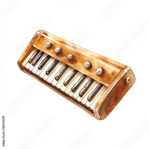 Vintage toy piano with keys and buttons wooden musical instrument.