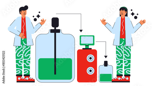 Flat vector illustration of an integrated continuous biomanufacturing facility for pharmaceutical production