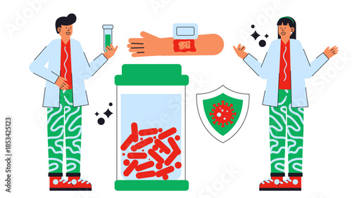 Flat vector illustration of a biotech startup developing bacterial nanocellulose materials for modern wound care solutions
