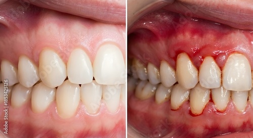 Side-by-side view highlighting the contrast between healthy, pink gums and inflamed, red, bleeding gums, demonstrating symptoms of periodontal disease and poor oral hygiene