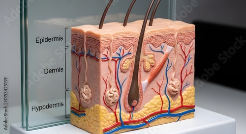 Unveiling the intricate design of human skin a detailed 3D anatomical model illustrating its vital layers, hair follicles, and subcutaneous structures, ideal for biological study