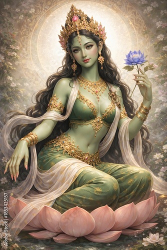 Green Tara Goddess of Compassion and Protection on Sacred Lotus