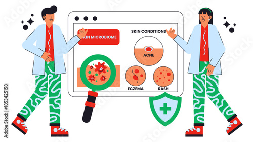 Flat vector illustration exploring the role of the skin microbiome in maintaining human health