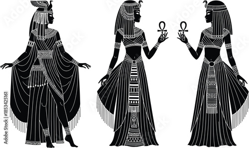 Ancient Egyptian goddess silhouettes holding ankh symbols, elegant black vector illustration of royal women, mythology inspired ceremonial art design culture