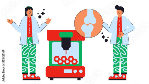 Flat vector illustration of 4D bioprinting technology creating stimuli-responsive cartilage implants