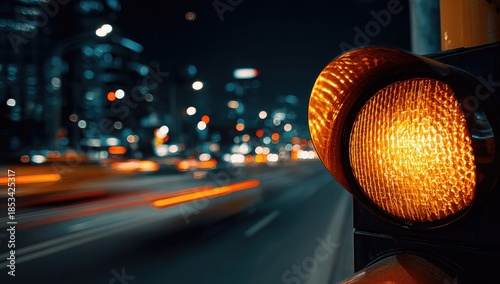 Illuminated amber traffic signal at night, blurred city lights and streaks