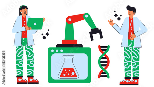 Flat vector illustration of automated laboratory systems for cell culture and passaging in biomedical research