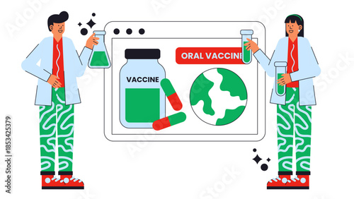 Flat vector illustration showing development of oral vaccine tablets to improve global vaccination access