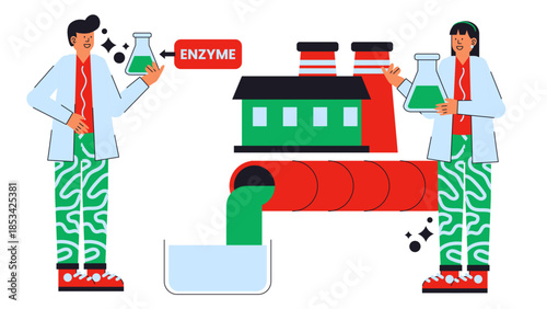Flat vector illustration showing enzyme technology breaking down microplastics in wastewater treatment