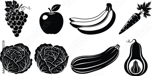 Fruit and vegetable vector illustration set, black silhouette icons of produce including grapes, apple, banana, carrot, cabbage, squash, for design, education