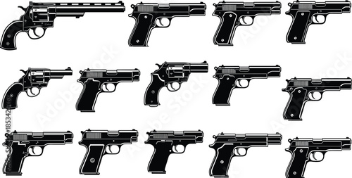 Handgun vector illustration set, revolver and pistol icons, black and white firearm silhouettes, weapon collection for design, print, and education