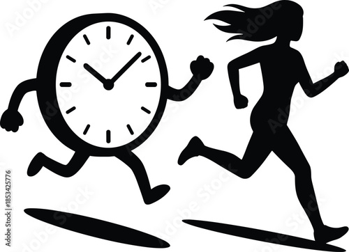 Silhouette of a Running Woman Chasing a Running Clock on White Background time