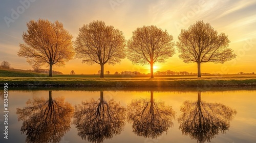Trees in a spring landscape that have leaves of pure gold, reflecting a surreal sunset
