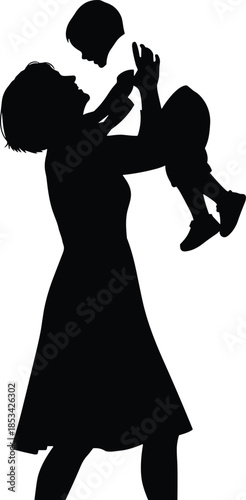Mother Holding Baby High Up in Joyful Silhouette, Black Vector Illustration of Mom and Child Bonding, Symbolizing Love, Care, and Happy Parenthood Moments