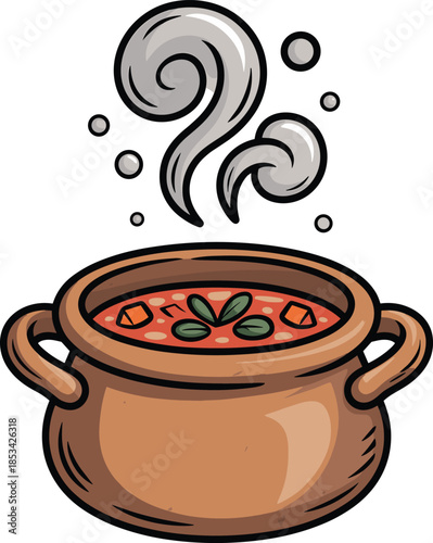 Steaming pot of soup with carrots and herbs on a white background Keywords: soup, pot, cooking, food, meal, hot, steam, heat