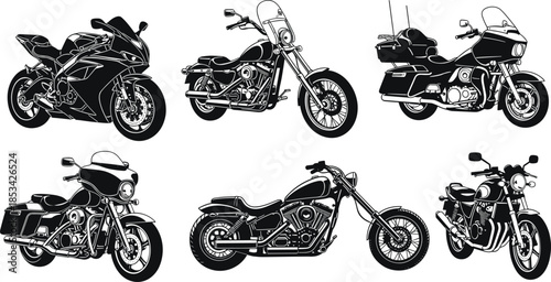 Motorcycle Silhouette Collection, Sport Bike, Chopper, Cruiser, and Touring Motorbikes, Transportation, Speed, and Biker Culture Icon, Isolated Vector Design