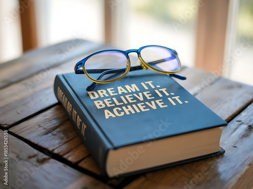 Inspirational Self-Help Book with Glasses on Wooden Table in Natural Light - Motivation and Success in a Home Office Setting