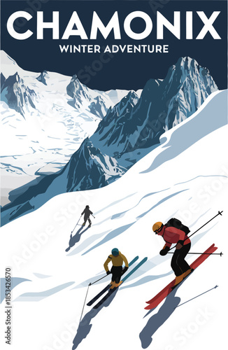 Vintage travel poster of Chamonix winter adventure featuring professional skiers descending steep snowy mountain slopes against a backdrop of majestic alpine peaks.