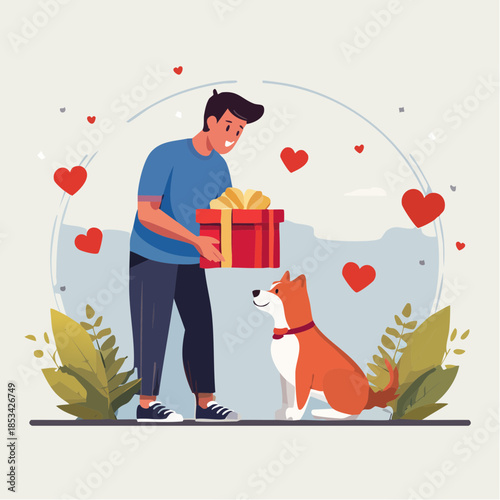 Man giving gift to dog surrounded by hearts in a loving atmosphere