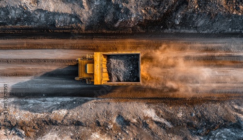 Aerial view of a large yellow dump truck carrying material on a dirt road