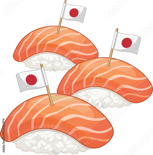 Three Salmon Nigiri Sushi Pieces with Japanese Flags Keywords: sushi, nigiri, salmon, fish, seafood, rice, japanese food, cuisine
