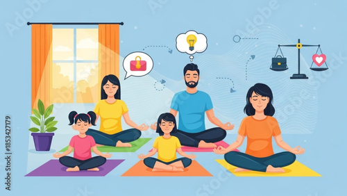 Work Life Balance Concept with Family Practicing Yoga Meditation at Home Flat Vector Illustration