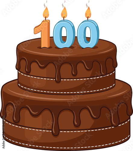 Two Tier Chocolate Cake with Candles Number 100 on White Background Keywords: cake, birthday, celebration, chocolate, dessert