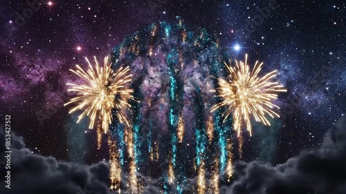 Brilliant gold and blue fireworks illuminate a dramatic night sky filled with stars and dark clouds