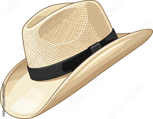 Woven straw fedora hat with a black band and tilted brim on white Keywords: hat, straw, fedora, fashion, accessory, headwear, brim