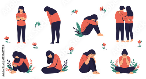 A collection of illustrations showing a woman in various poses of sadness, depression, and loneliness, ending with a supportive hug. This vector set represents mental health awareness and support.