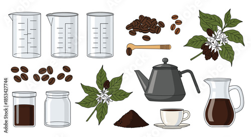 A comprehensive collection of items for making coffee, including beans, a coffee plant, kettle, cups, and measuring beakers. This detailed vector set is perfect for cafe and coffee lovers' designs.