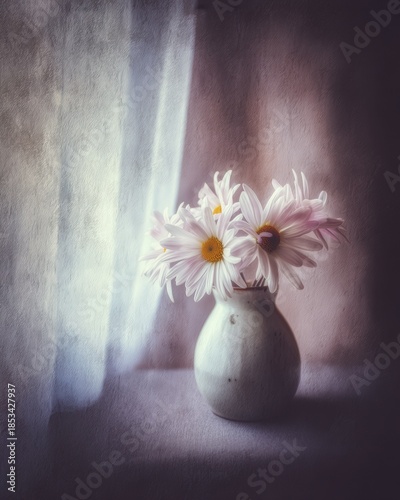 Daisies in ceramic vase with muted pastel tones for fine art floral decor spring editorial and tactile texture lifestyle branding visuals

