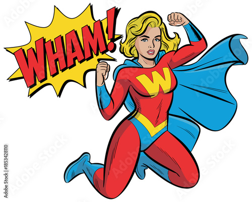 A blonde woman in a superhero costume with a cape poses dynamically with a comic book style "WHAM!" sound effect.