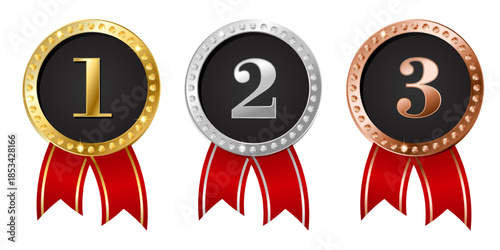 Luxury gold, silver, bronze award medal with numbers, red ribbon. Premium glossy design for sport, achievement, competition. Elegant vector illustration set on white background