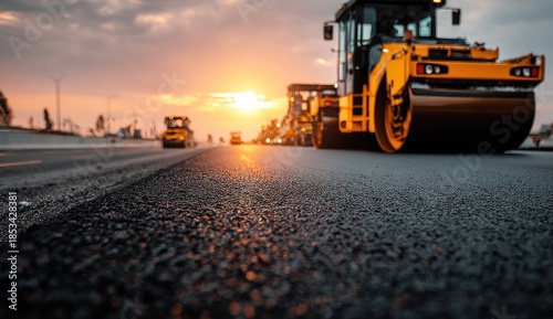Road construction at sunset with compactors and new asphalt