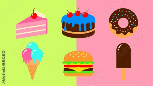Collection of various sweet desserts and savory snacks arranged in a grid on a pastel background