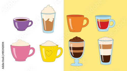 Illustrated Collection of Various Hot Beverages in Mugs and Cups